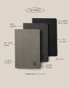 Ugmonk Pocket Notebooks - Set of 3 are displayed, each featuring a luxurious soft-touch cover with rounded corners. The details include sewn binding, 70lb dot grid pages, 48 pages per notebook, and compact dimensions of 5.5 x 5.5 inches.