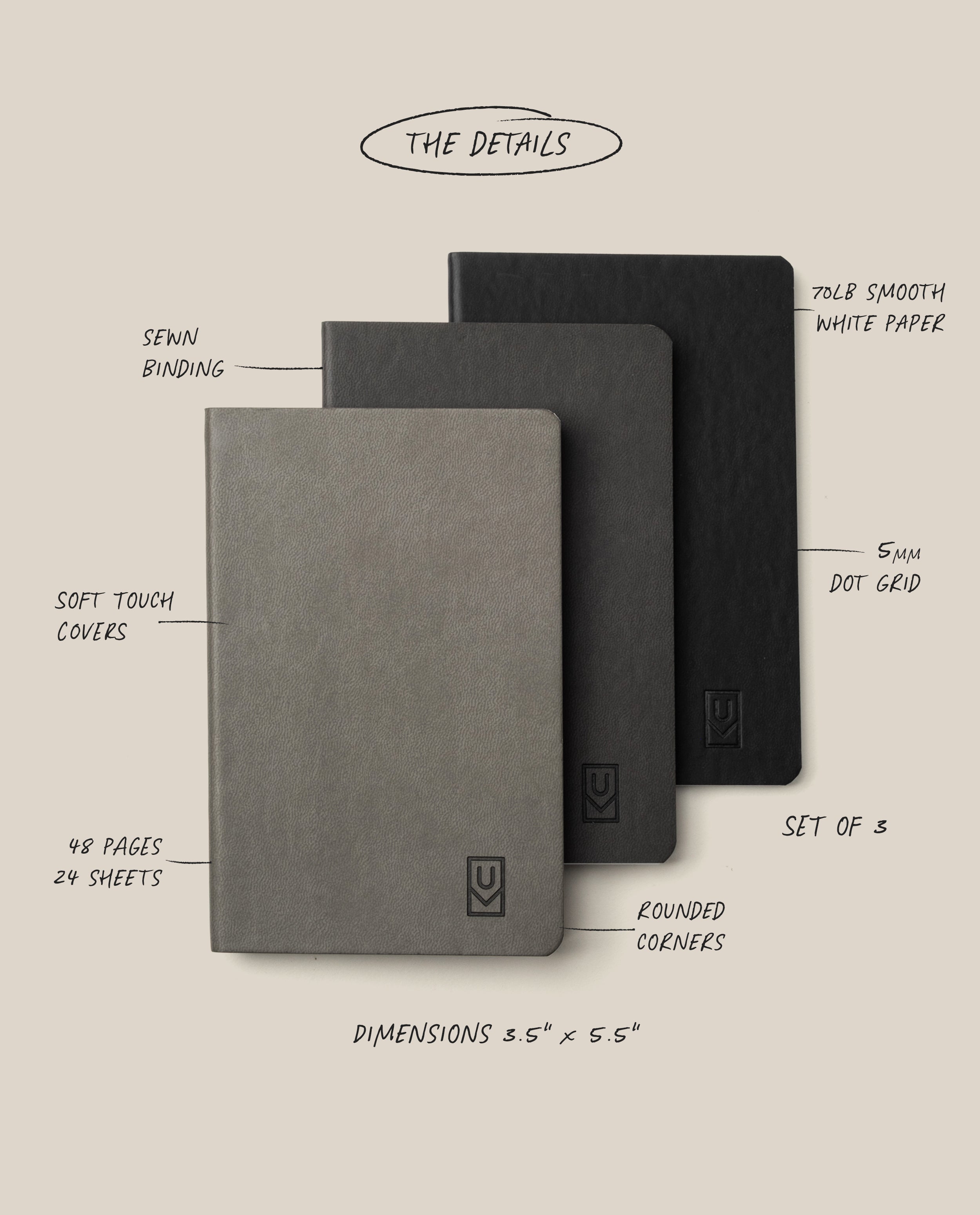 Ugmonk Pocket Notebooks - Set of 3 are displayed, each featuring a luxurious soft-touch cover with rounded corners. The details include sewn binding, 70lb dot grid pages, 48 pages per notebook, and compact dimensions of 5.5 x 5.5 inches.
