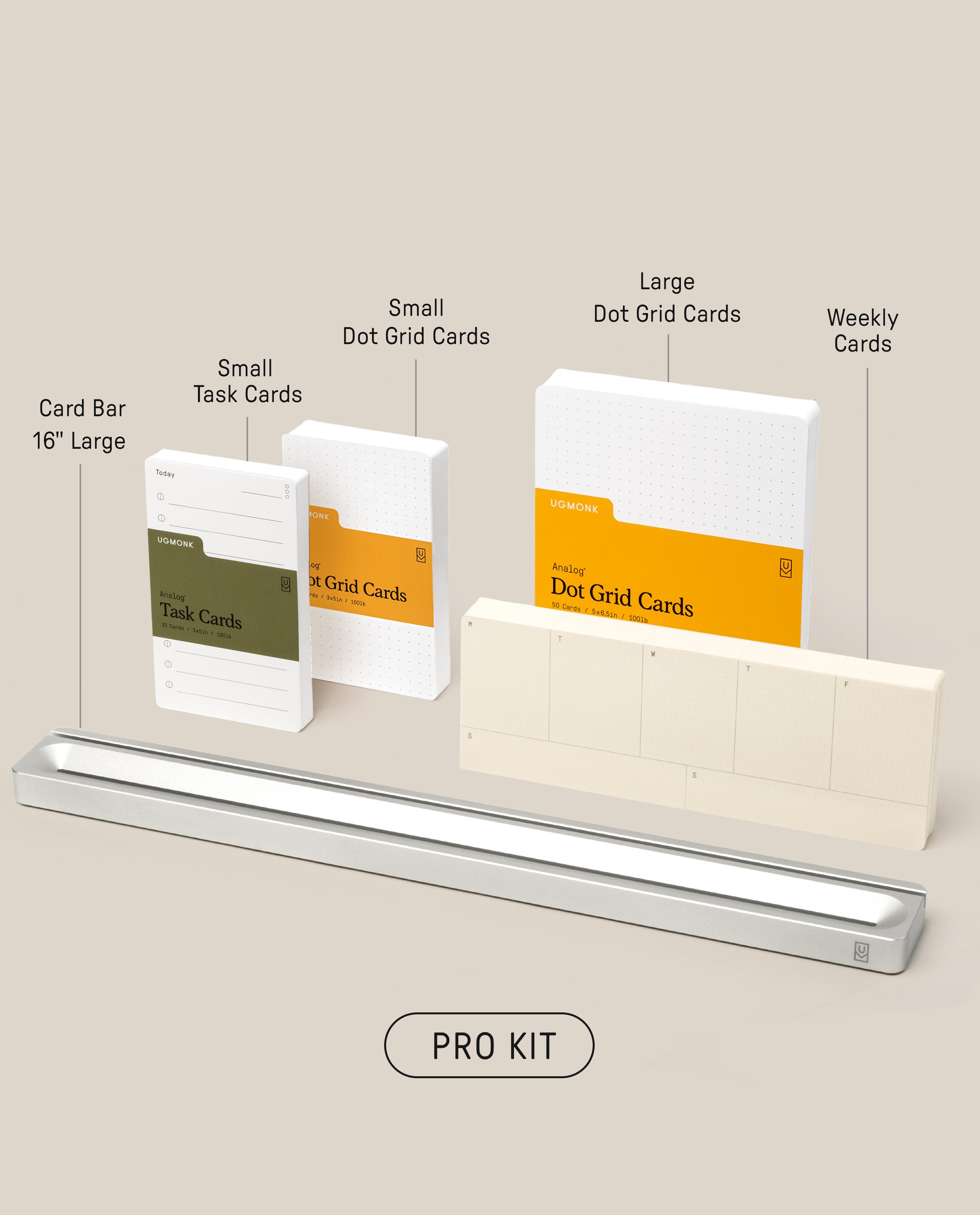 A neatly arranged productivity kit, the Analog Card Bar - Pro Kit (Silver), holds small and large Task Cards, Dot Grid Cards, and weekly cards—all labeled and standing upright on a beige background.