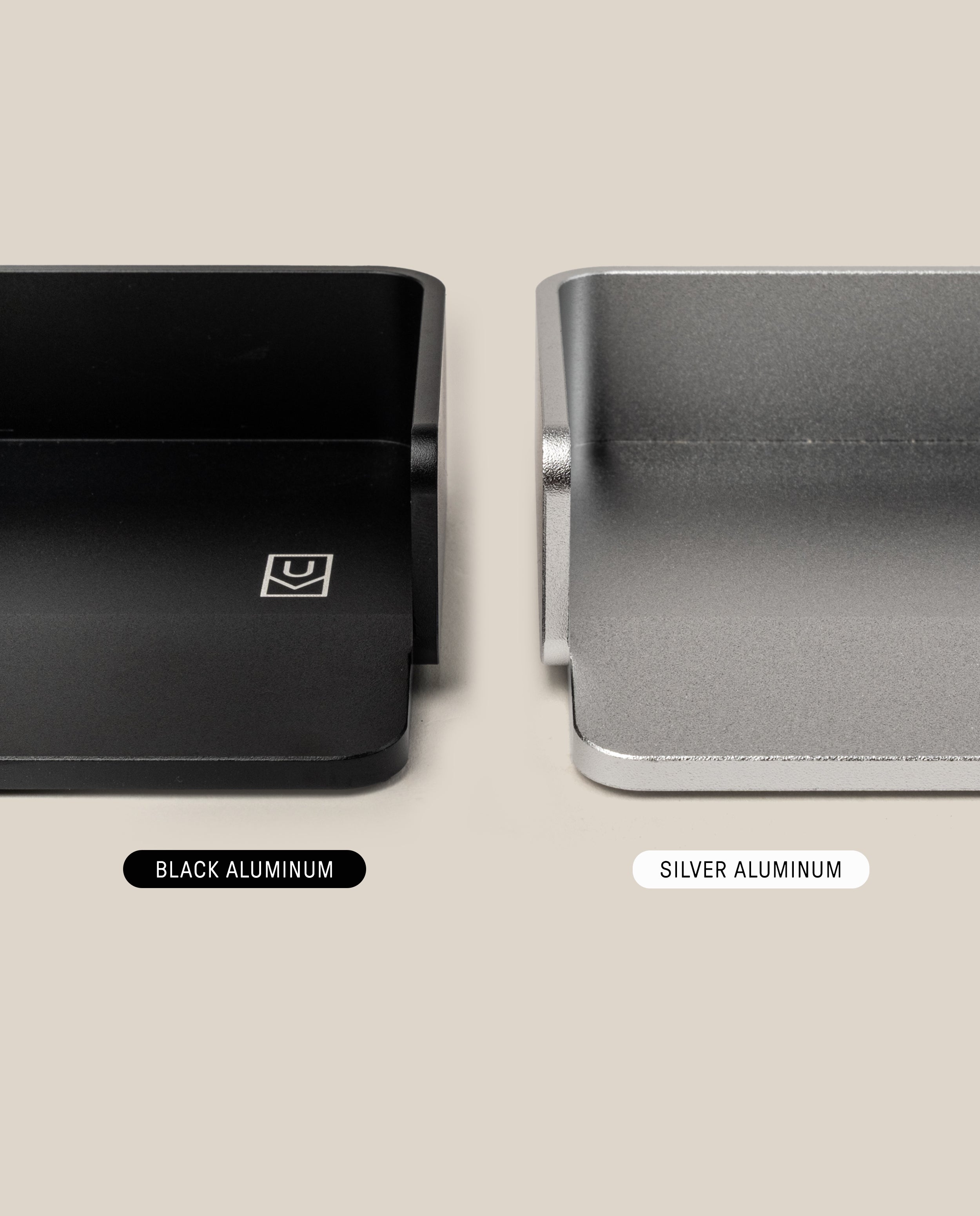 Two close-up views of aluminum card trays: matte black with a small logo on the left, Analog Capture Kit - Large (Silver Aluminum) on the right. Perfect for organizing large dot grid cards. Labels show Black Aluminum and Silver Aluminum.