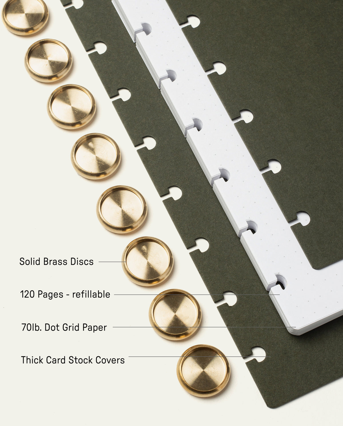 Discbound Journal (Large 8.5" x 11") featuring thick dark green card stock covers, durable brass binding discs, and white dot grid pages made from versatile 70lb paper. Labels highlight the refillable 120-page design for endless customization, sturdy brass discs, adaptable dot grid layout for planning or note-taking, and robust cover construction.