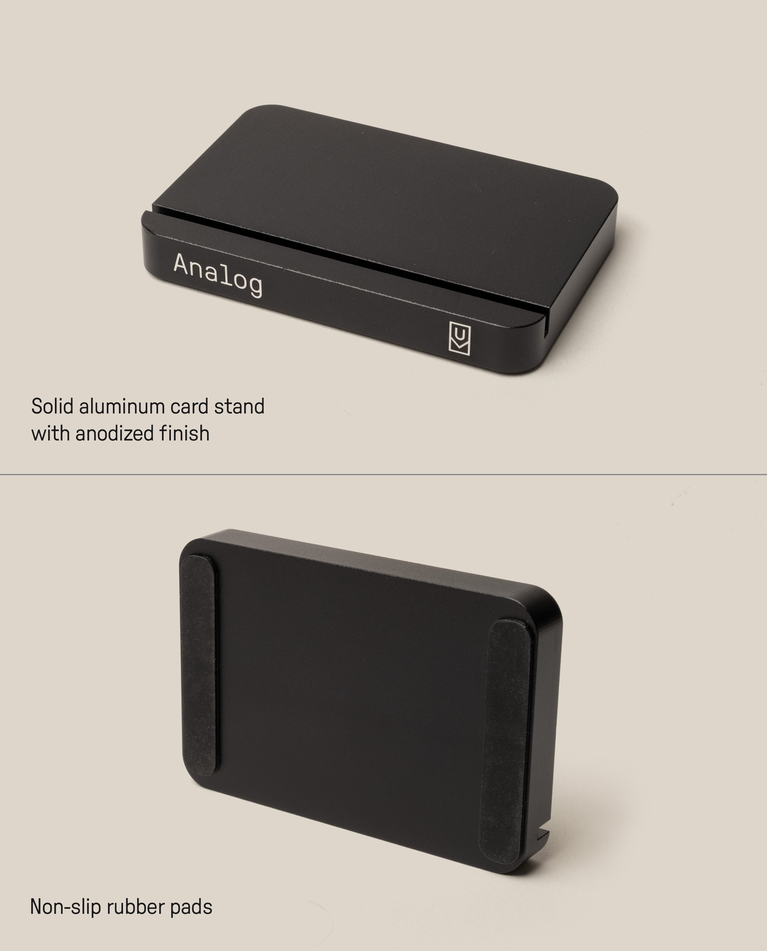 A front and back view of the Analog Starter Kit (Black), a solid aluminum card stand with an anodized finish and minimalist design. The back showcases non-slip rubber pads, and the stand is designed to seamlessly support your paper card system or task cards.