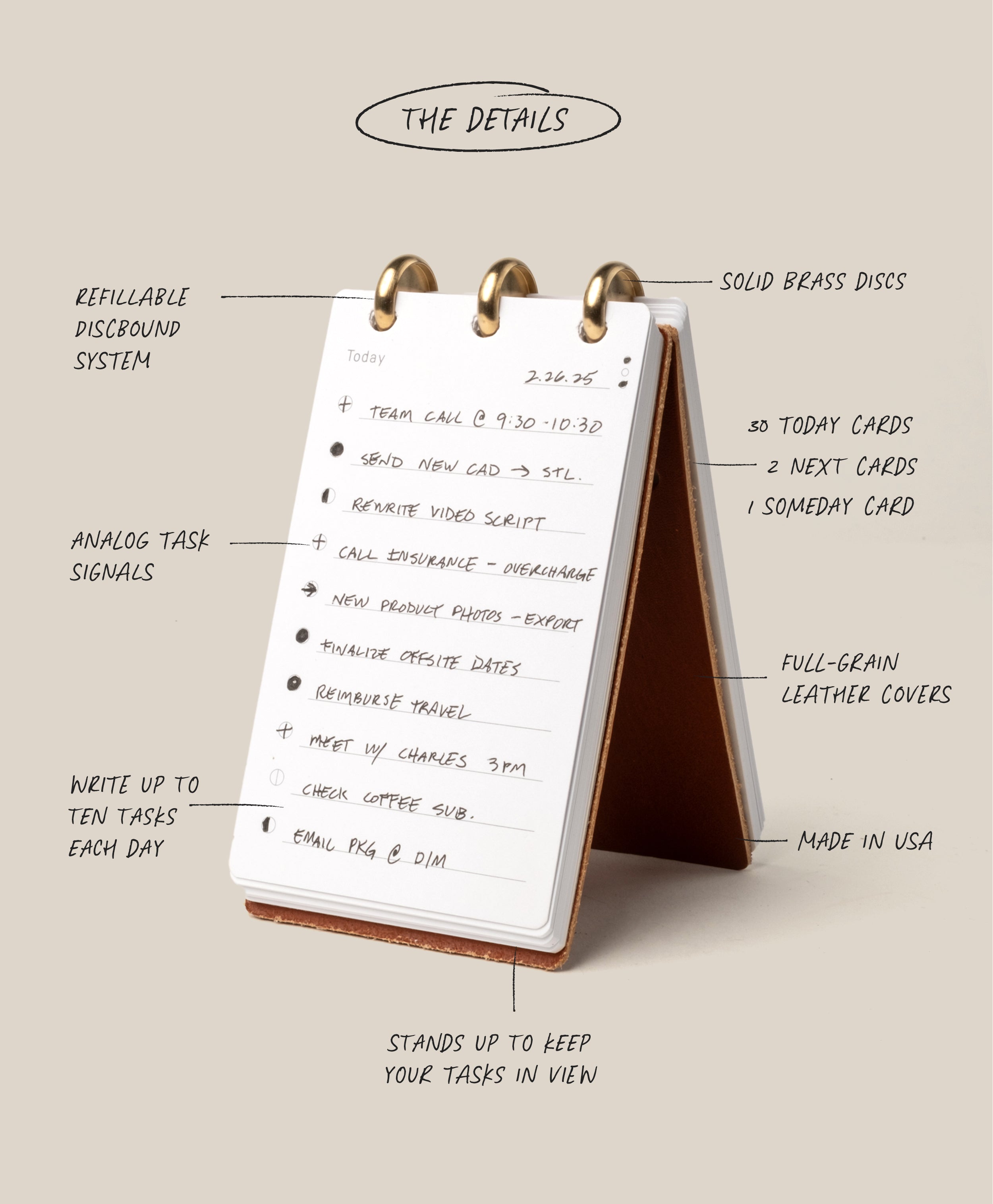 A compact, standing flip notepad—Leather Discbound Analog + 3 Refills (Tan)—features handwritten task lists, elegant gold rings, and a premium tan full-grain leather cover. Handwritten labels highlight details such as refillable pages, solid brass discs for the unique Discbound Analog system, and its luxurious full-grain leather construction.