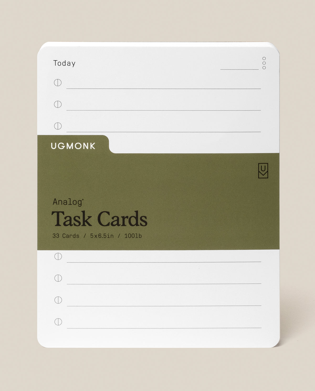 A stack of Analog Task Cards - Large made from uncoated cardstock, held by an olive green band, features checkboxes and lines for jotting tasks or ideas. The visible card is labeled “Today” and rests on a neutral background.