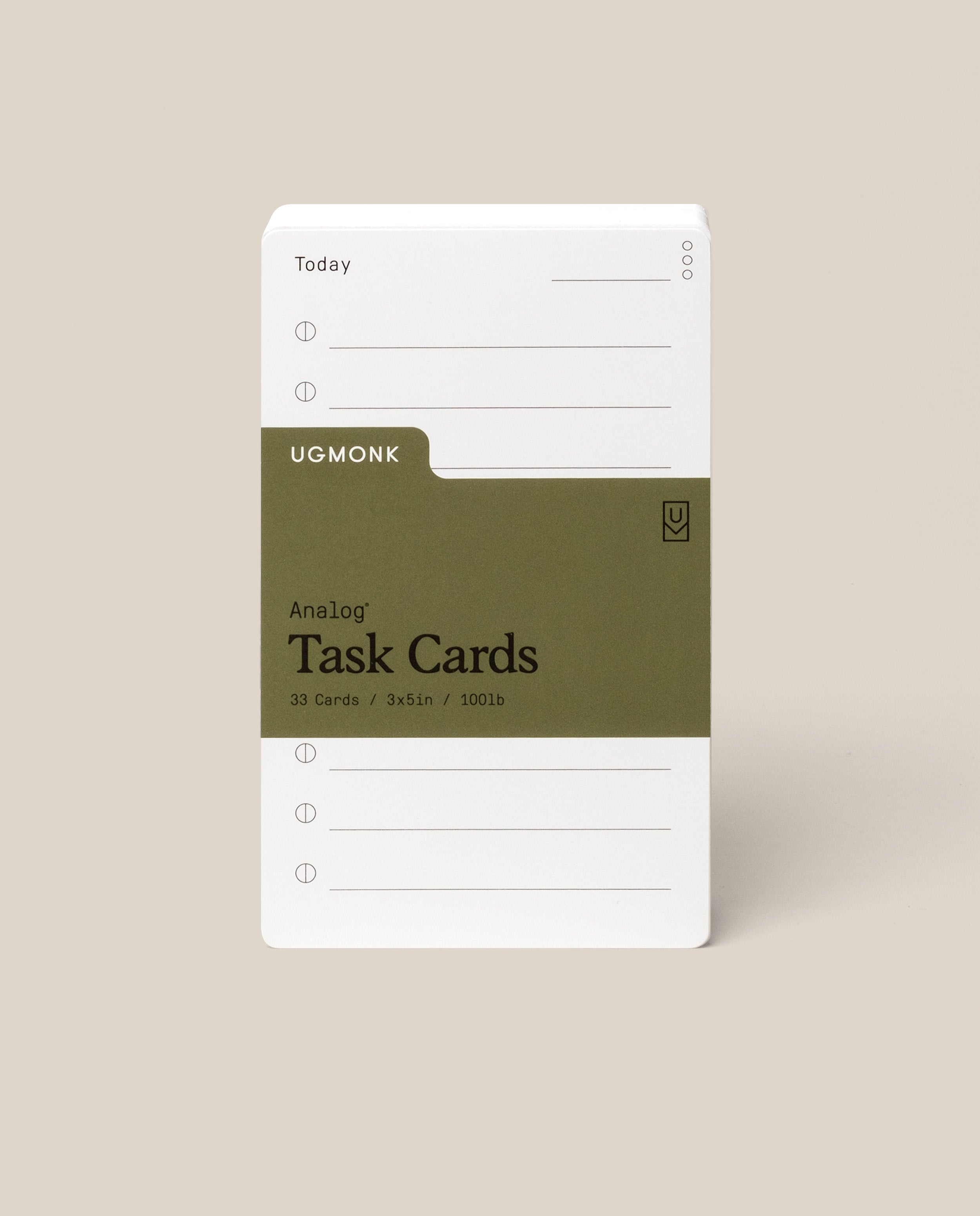 A stack of Analog Task Cards - Small with a minimalist design, made from uncoated 3x5" 100lb cardstock, includes spaces for tasks and a green label showing 33 cards.