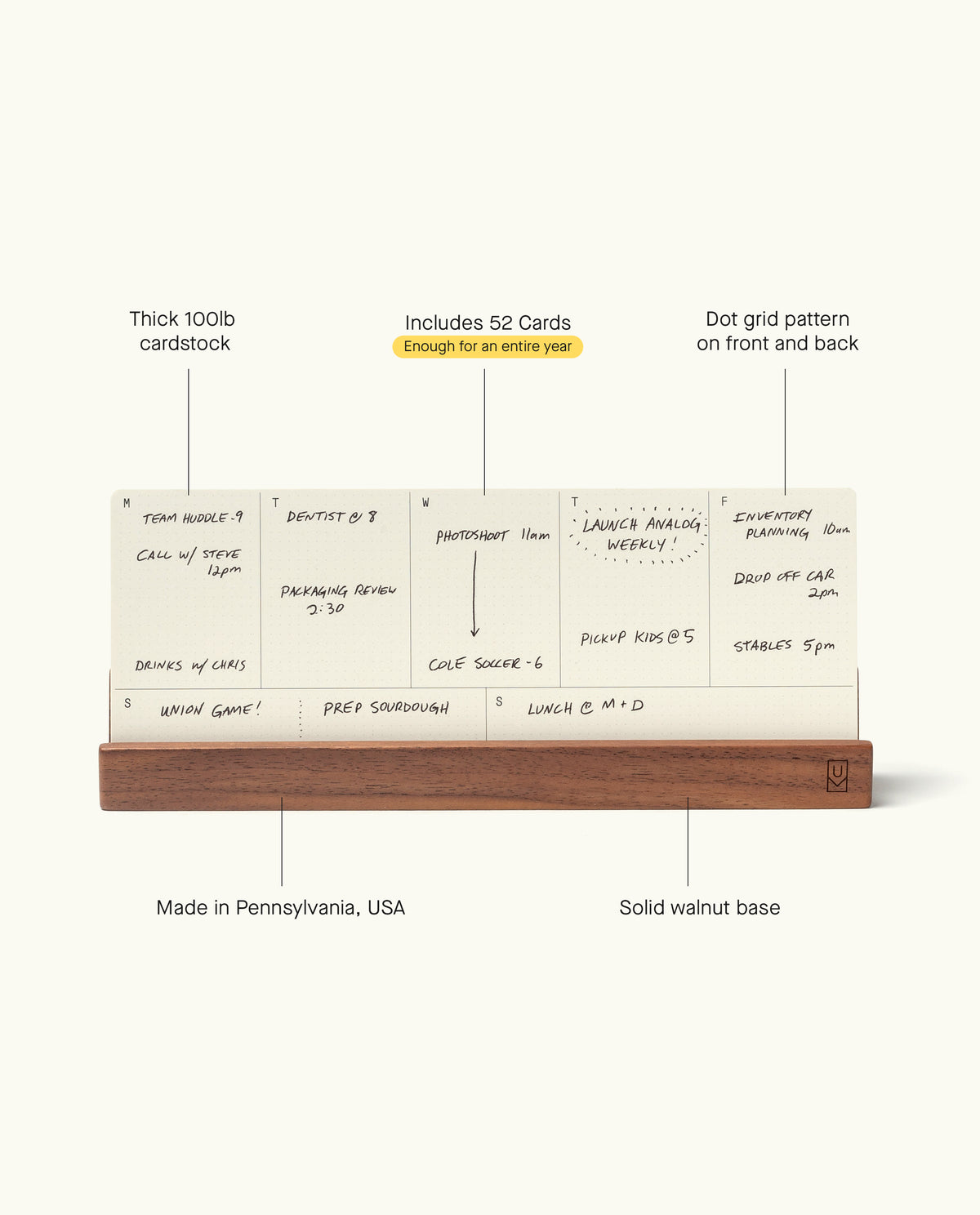 Introducing the Analog Annual Kit (Walnut): This set includes 52 dot grid cards crafted from thick cardstock, all elegantly organized on a solid walnut base. Designed for daily and weekly planning, it features a precise dot grid pattern and showcases expert craftsmanship from Pennsylvania, USA. The stylish Walnut Card Holder keeps your planning cards neatly arranged and easily accessible.