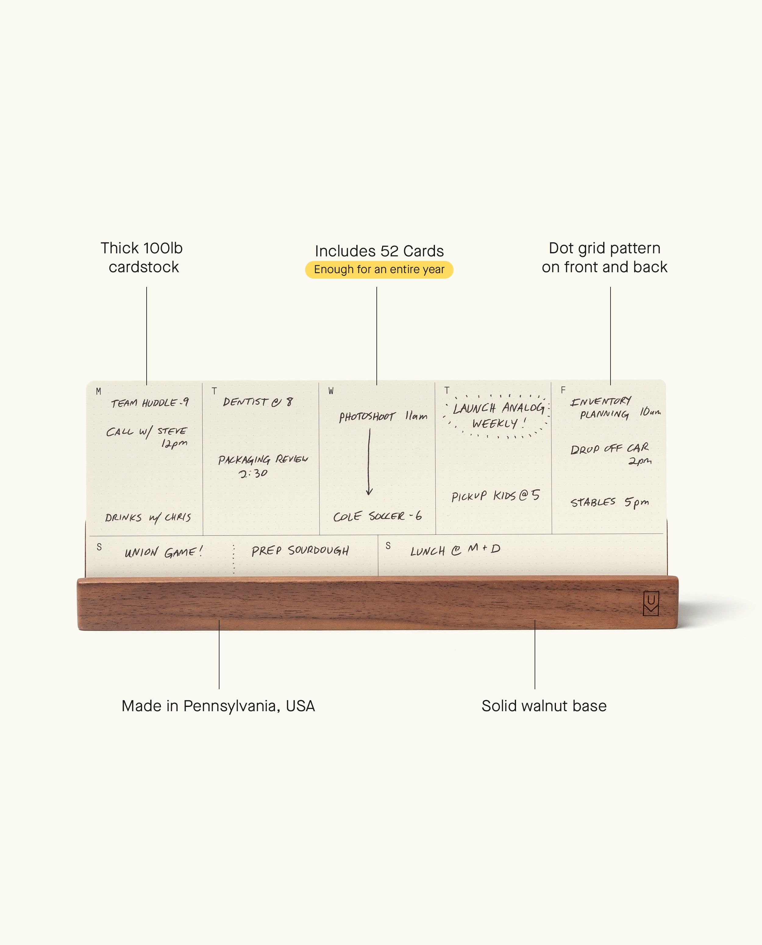 The Analog Weekly Planning Kit (Walnut) features 52 weekly planner cards with a subtle grid pattern, handcrafted from thick cardstock and displayed upright in a sturdy solid walnut holder. Labels highlight its premium materials, made-in-Pennsylvania quality, and elegant design—everything you need for stylish, analog weekly planning.