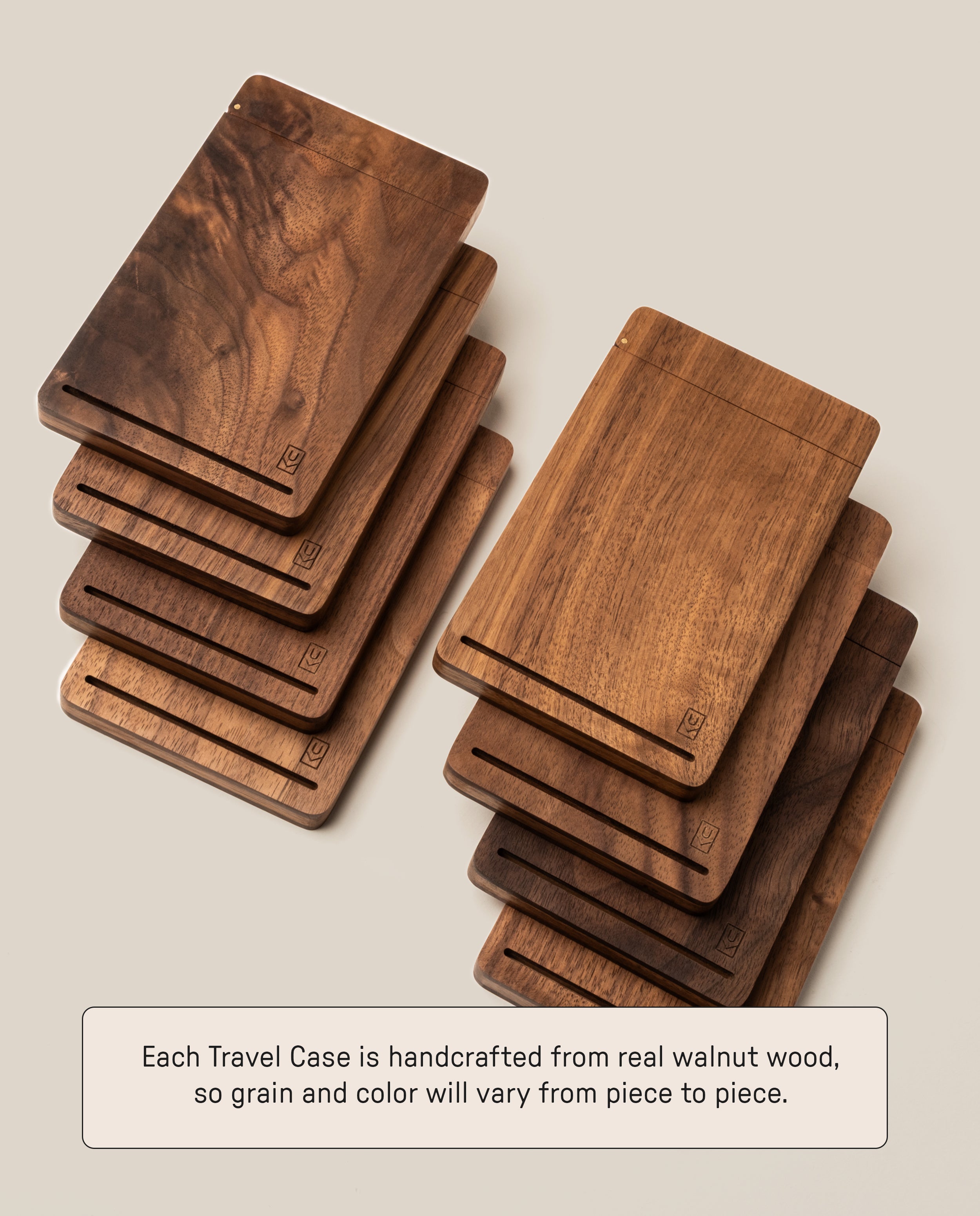 Analog Travel Case + 3 Card Packs (Walnut) shown stacked—each handcrafted from premium walnut, with unique grain and color variations. Caption notes that every case is one-of-a-kind thanks to the natural beauty of the wood.