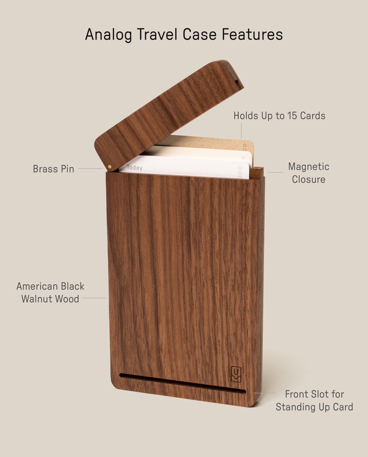 The Analog Bundle (Walnut) is an American Black Walnut card holder with open lid, magnetic closure, brass pin, and a front slot for displaying cards. Holds up to 15 cards—ideal for your Analog kit.