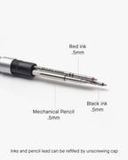 Close-up of the Craft Design Technology Multifunctional Pen displays labeled components: 0.5mm red ink refill, 0.5mm mechanical pencil, and 0.5mm black ink refill—text below notes its refillable convenience.