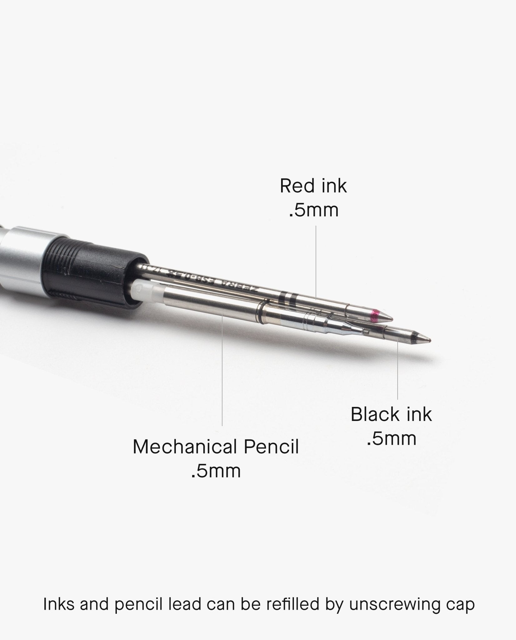 Close-up of the Craft Design Technology Multifunctional Pen displays labeled components: 0.5mm red ink refill, 0.5mm mechanical pencil, and 0.5mm black ink refill—text below notes its refillable convenience.
