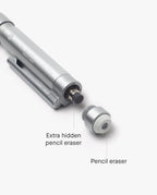 The Craft Design Technology Multifunctional Pen features a removable end cap with a labeled eraser and an extra hidden eraser inside the body, providing smart multifunctionality for added convenience.