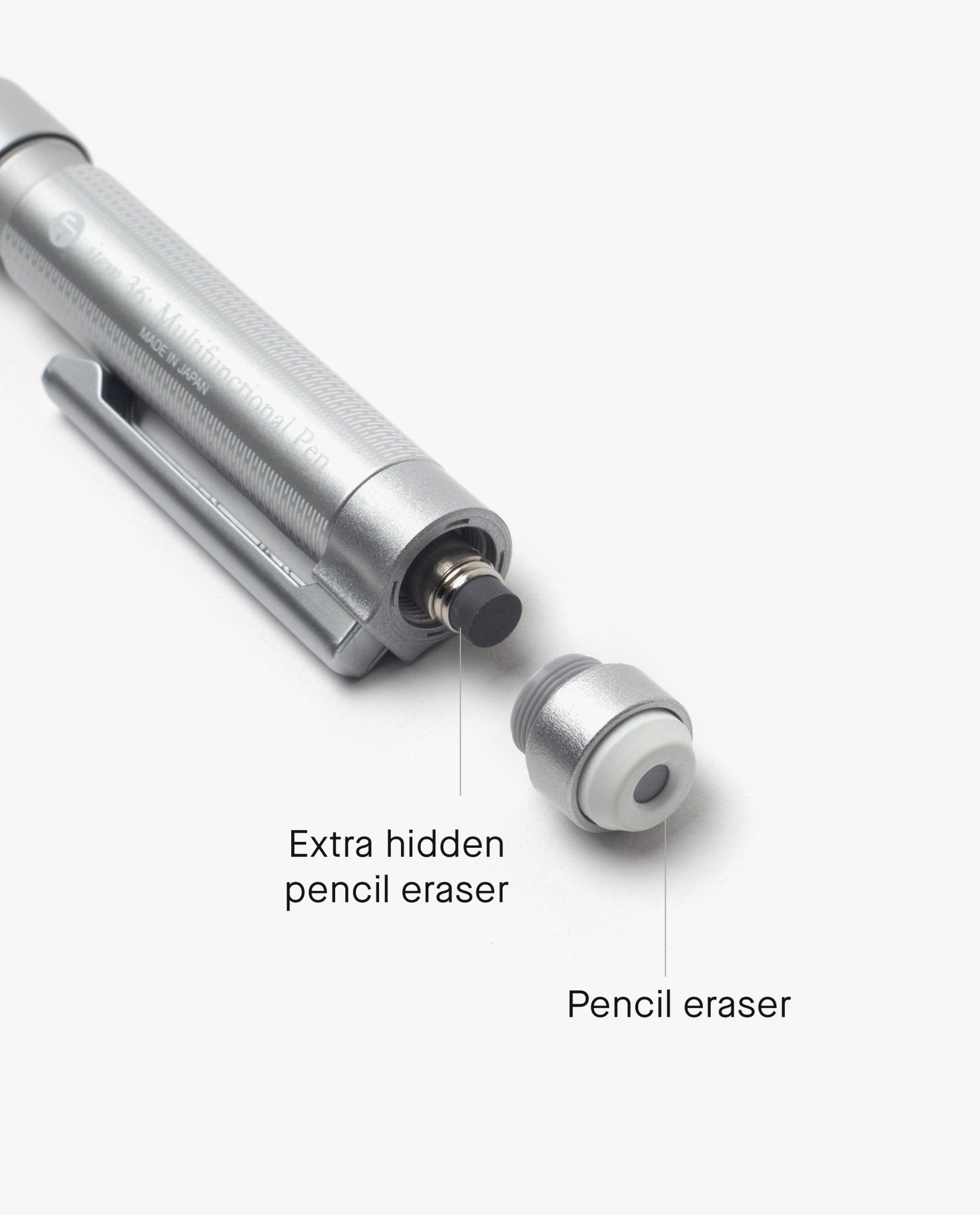 The Craft Design Technology Multifunctional Pen features a removable end cap with a labeled eraser and an extra hidden eraser inside the body, providing smart multifunctionality for added convenience.