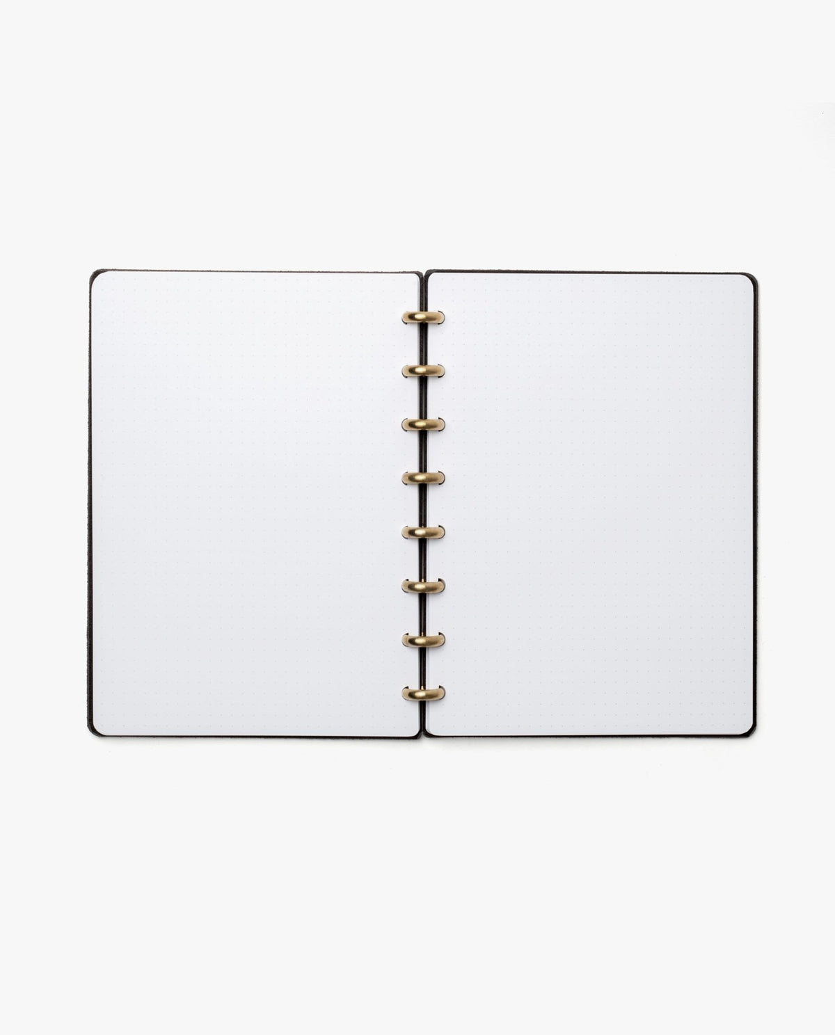The Discbound Heirloom Journal (Black Leather - Standard 6" x 8.5") features blank white pages and gold rings, lying open on a white background.