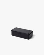 The Toyo Steel Stackable Storage Box T-190 (Black) is a small, rectangular steel toolbox with a fitted lid. Made in Japan, it features a sleek black finish and is shown on a plain white background.