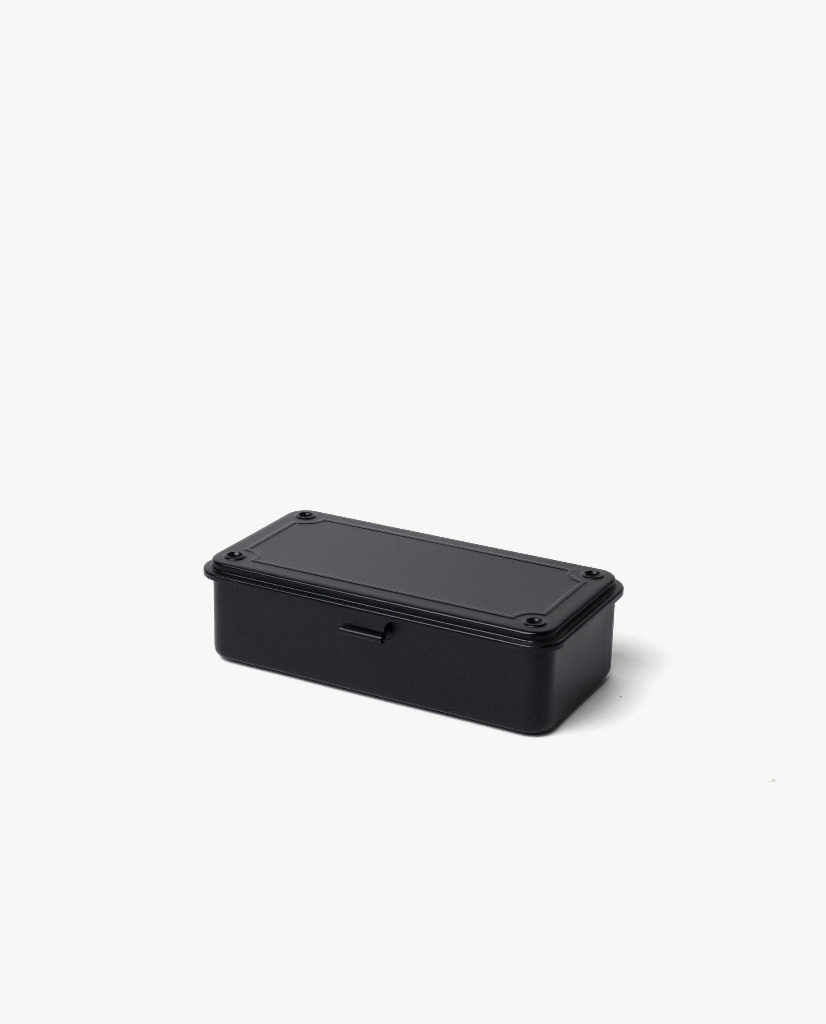The Toyo Steel Stackable Storage Box T-190 (Black) is a small, rectangular steel toolbox with a fitted lid. Made in Japan, it features a sleek black finish and is shown on a plain white background.