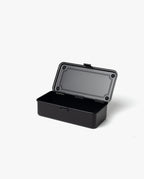The Toyo Steel Stackable Storage Box T-190 (Black) is a rectangular steel toolbox with rounded edges and an open hinged lid, shown on a plain white background. Made in Japan, it combines style and durability.