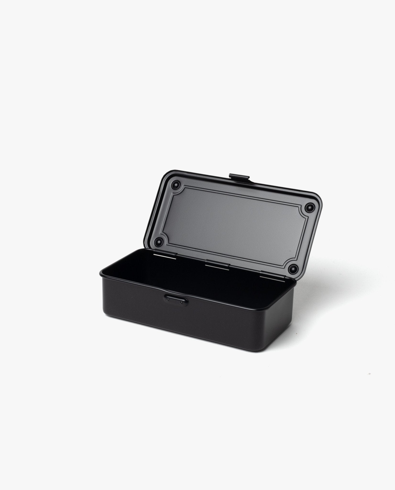 The Toyo Steel Stackable Storage Box T-190 (Black) is a rectangular steel toolbox with rounded edges and an open hinged lid, shown on a plain white background. Made in Japan, it combines style and durability.