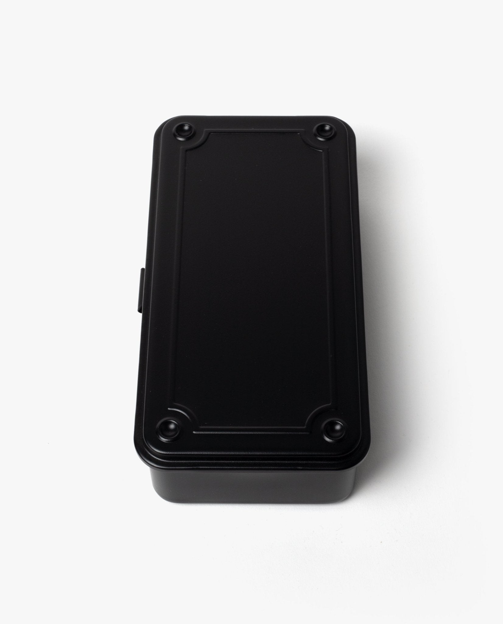 A black Toyo Steel Stackable Storage Box T-190, made in Japan with rounded corners and four raised bumps on the lid, is photographed on a white background.