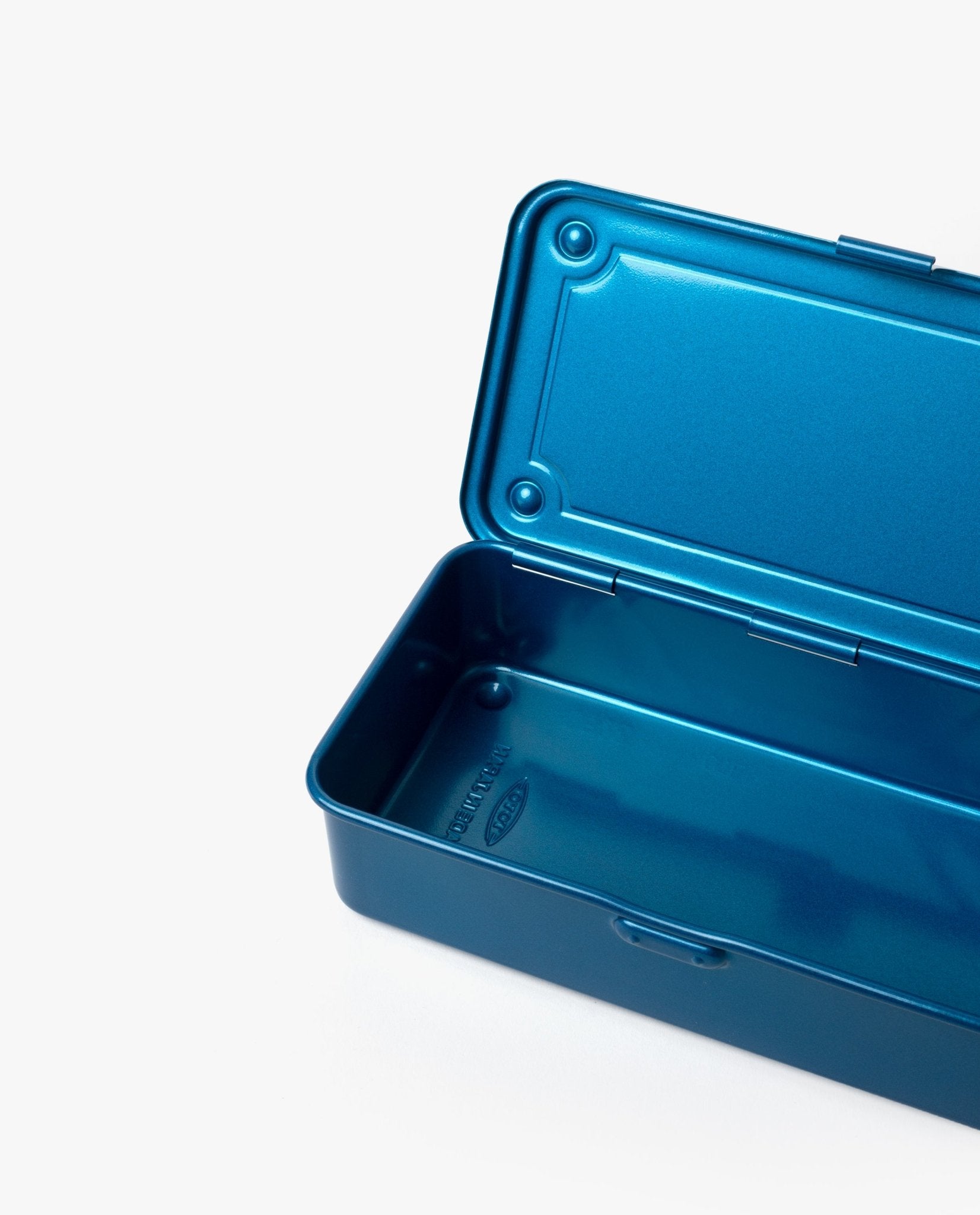 A rectangular, blue metal box with a hinged lid is open, revealing the empty interior against a white background. This is the Toyo Steel Stackable Storage Box T-190 (Blue), a classic storage solution made in Japan.