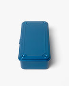 A rectangular, blue metal Toyo Steel Stackable Storage Box T-190 with rounded corners and a raised border on the lid, shown against a plain white background. Made in Japan for both style and durability, this classic box is designed to be stackable for versatile storage.