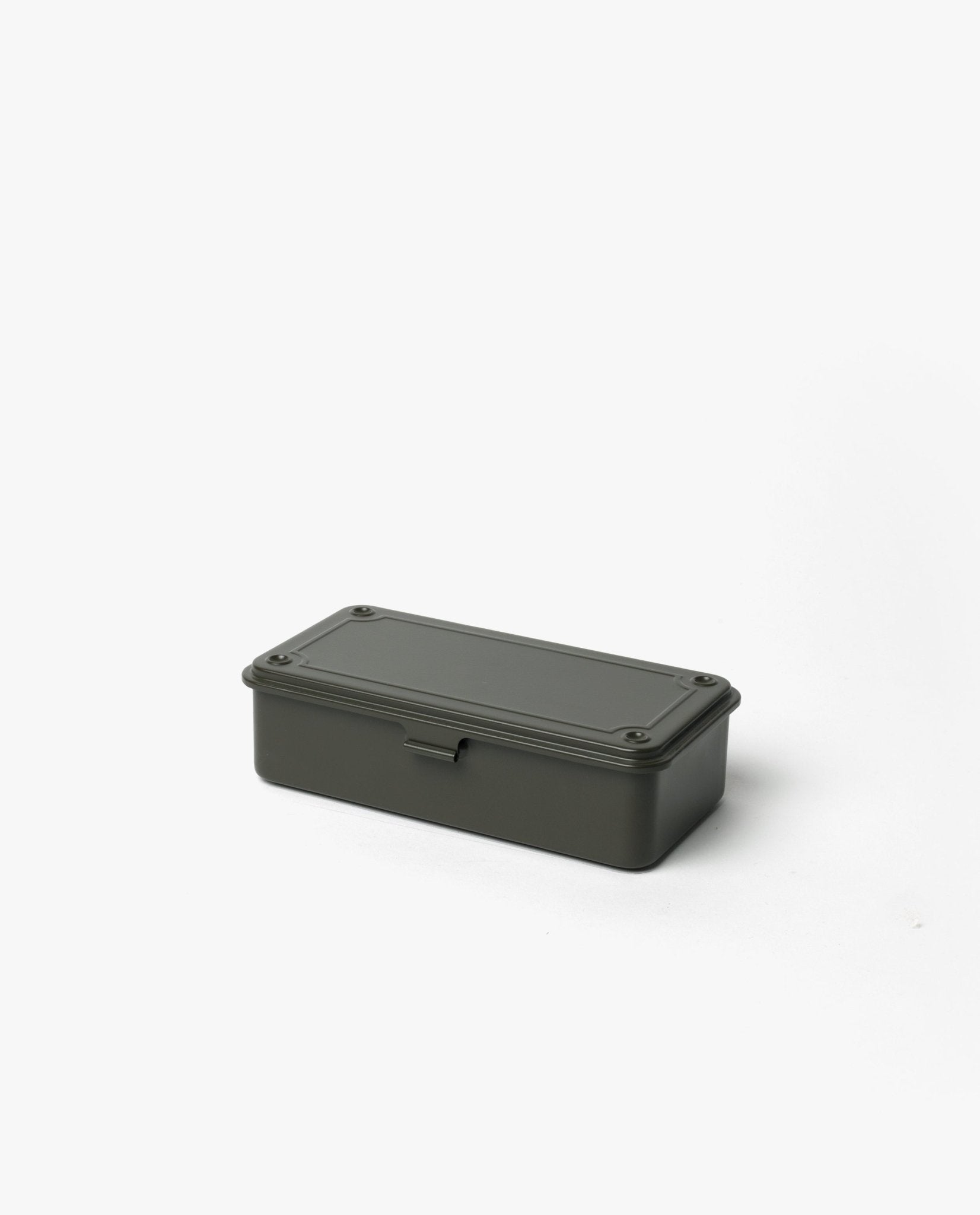A Toyo Steel Stackable Storage Box T-190 in Military Green, made in Japan with a fitted lid, is shown on a plain white background.
