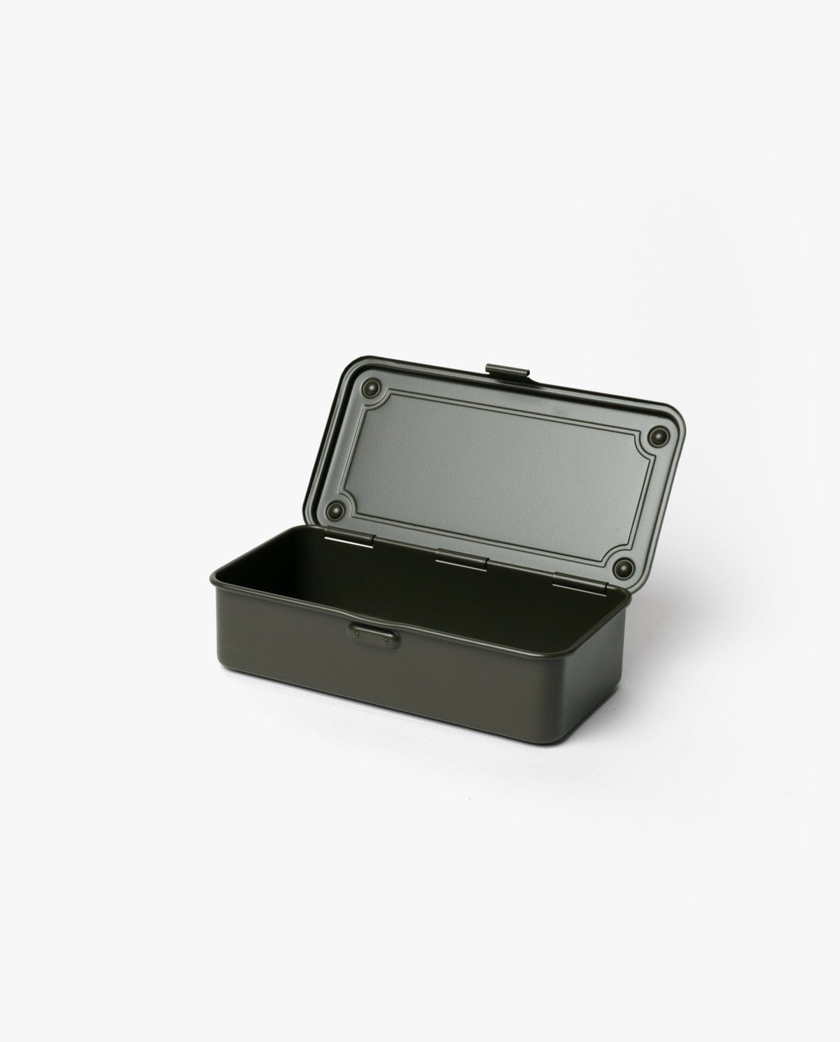 The Toyo Steel Stackable Storage Box T-190 (Military Green), made in Japan, features a rectangular steel design with a hinged lid open to reveal an empty interior. The box sits on a plain white background.