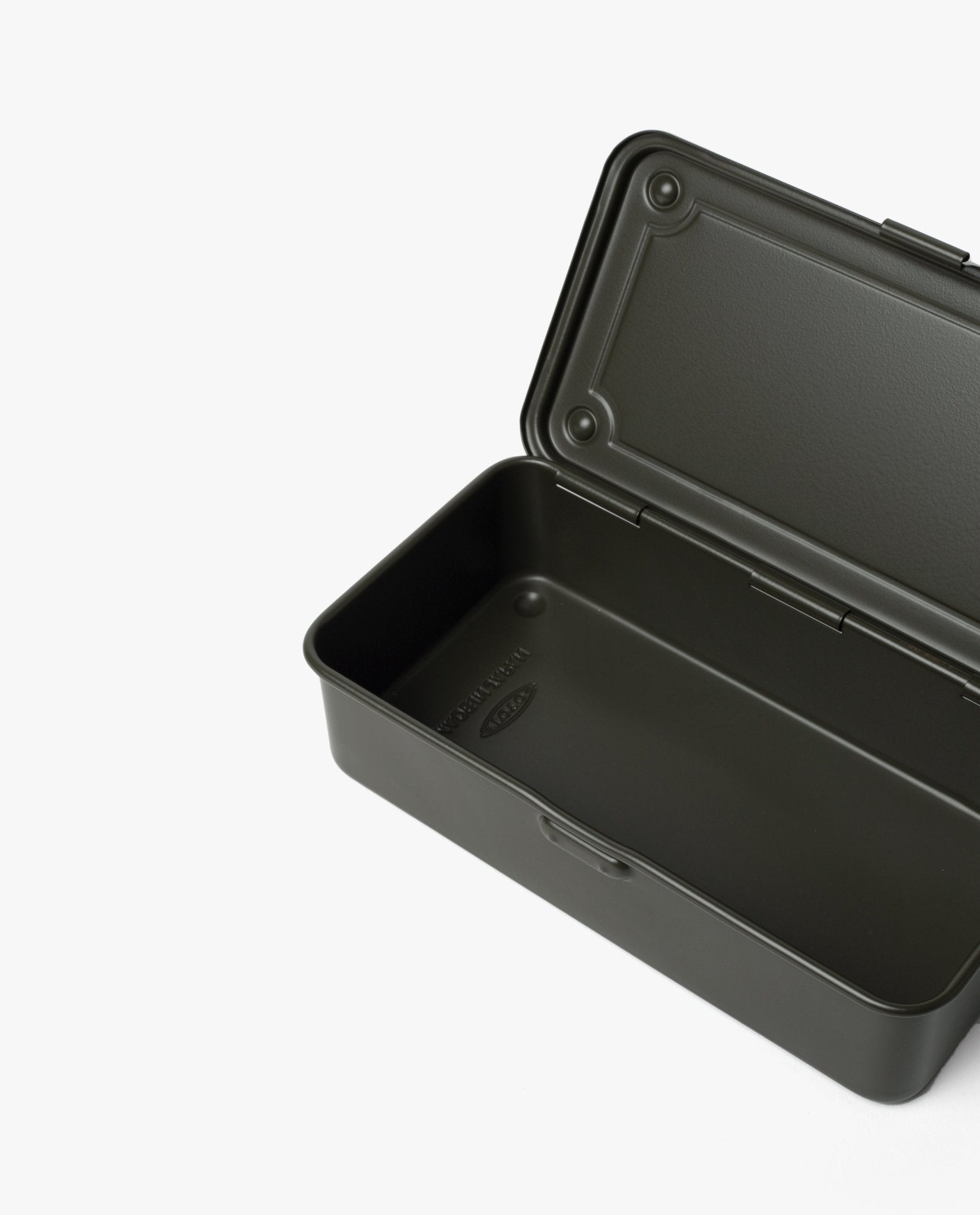 A Toyo Steel Stackable Storage Box T-190 in Military Green, made in Japan from stackable steel with rounded edges and an open hinged lid, is shown empty against a plain white background.