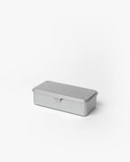 The Toyo Steel Stackable Storage Box T-190 (Silver) is a rectangular metal box with a hinged lid and latch, made in Japan. Shown here on a plain white background, it’s designed for easy stacking and durable storage.