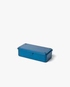 A Toyo Steel Stackable Storage Box T-190 in blue, made in Japan, with a rectangular metal body, hinged lid, and clasp, is displayed on a plain white background.