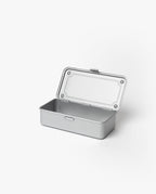 The Toyo Steel Stackable Storage Box T-190 (Silver) is a rectangular, minimalist steel toolbox from Japan with a hinged lid and smooth edges. Shown empty on a plain white background, it features stackable design for versatile storage.