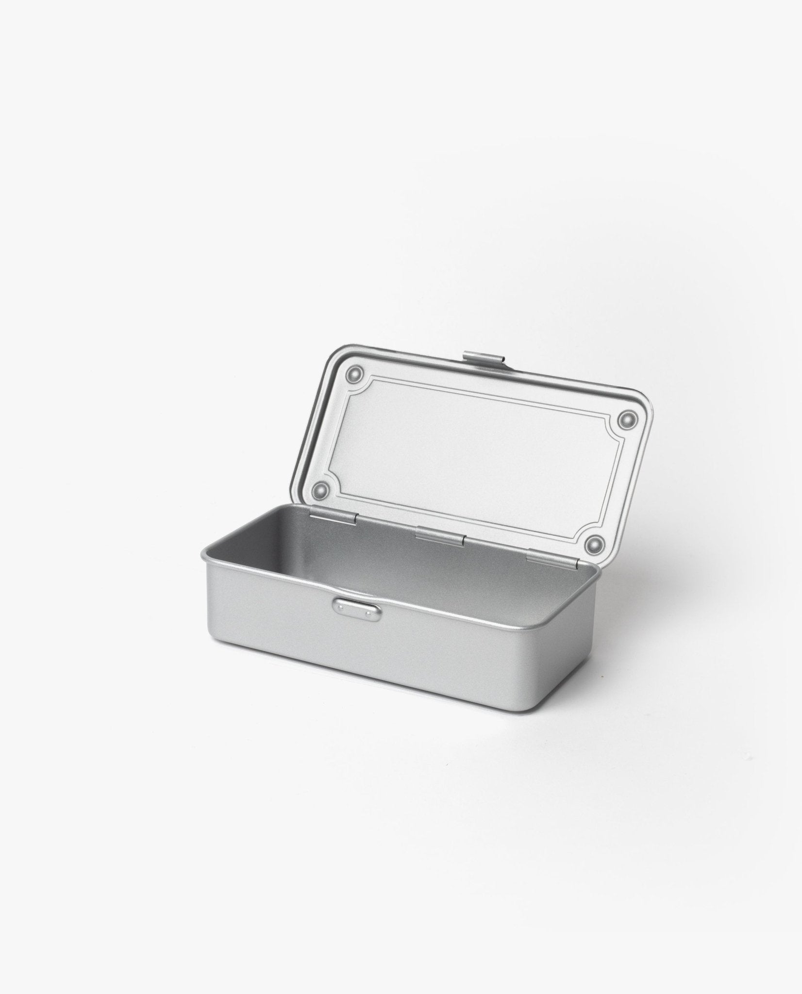 The Toyo Steel Stackable Storage Box T-190 (Silver) is a rectangular, minimalist steel toolbox from Japan with a hinged lid and smooth edges. Shown empty on a plain white background, it features stackable design for versatile storage.