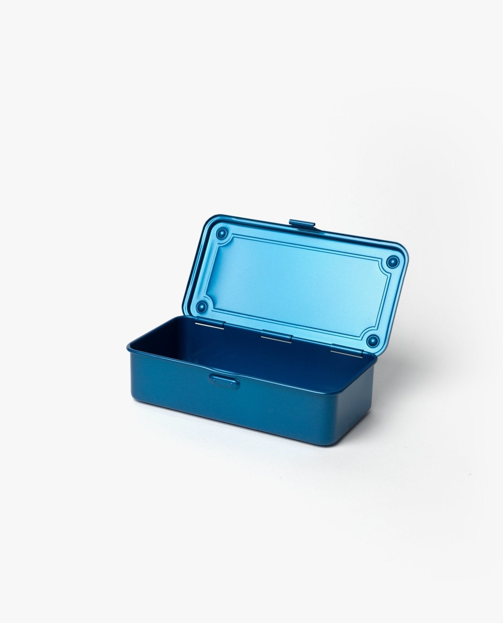 A Toyo Steel Stackable Storage Box T-190 in blue, crafted from durable plastic in Japan, is pictured with its hinged lid open against a plain white background. This versatile container is perfect for organizing your space and offers classic functionality reminiscent of a traditional Toyo Toolbox.