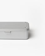 The Toyo Steel Stackable Storage Box T-190 (Silver), made in Japan, is shown partially with the right side cut off, against a plain white background.