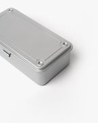 The Toyo Steel Stackable Storage Box T-190 (Silver), made in Japan, is a rectangular steel box with rounded edges and four raised studs on the lid, shown resting on a white background.