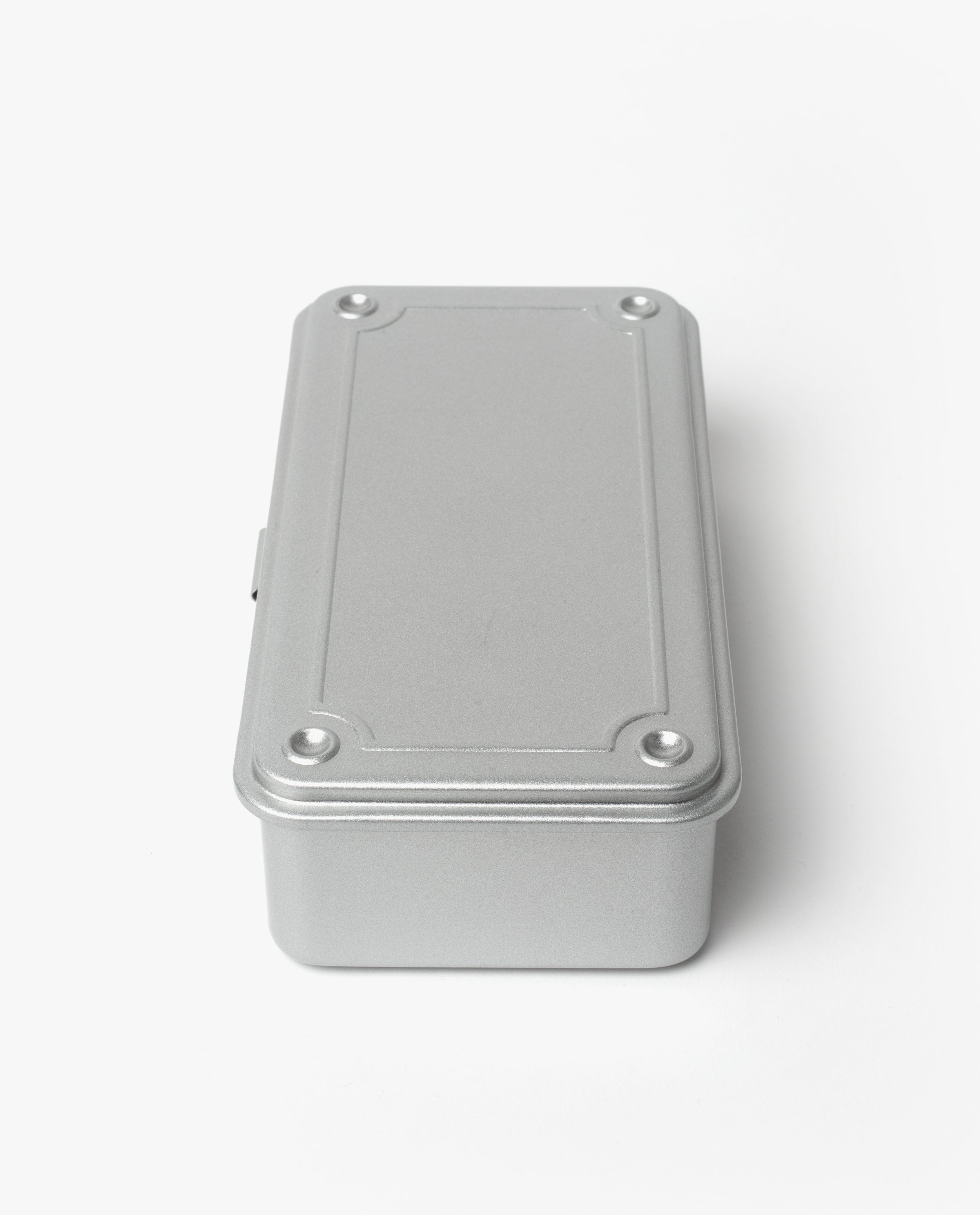 A silver Toyo Steel Stackable Storage Box T-190, made in Japan with a rectangular shape, rounded corners, and four screw details on the lid, shown on a white background.