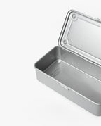The Toyo Steel Stackable Storage Box T-190 (Silver), made in Japan, is a rectangular steel toolbox with a hinged lid partially open, revealing an empty interior. It is shown on a plain white background.