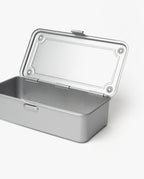 The Toyo Steel Stackable Storage Box T-190 (Silver) is a rectangular tin box with a hinged lid, revealing an empty interior. Made in Japan, this steel toolbox sits on a plain white background.