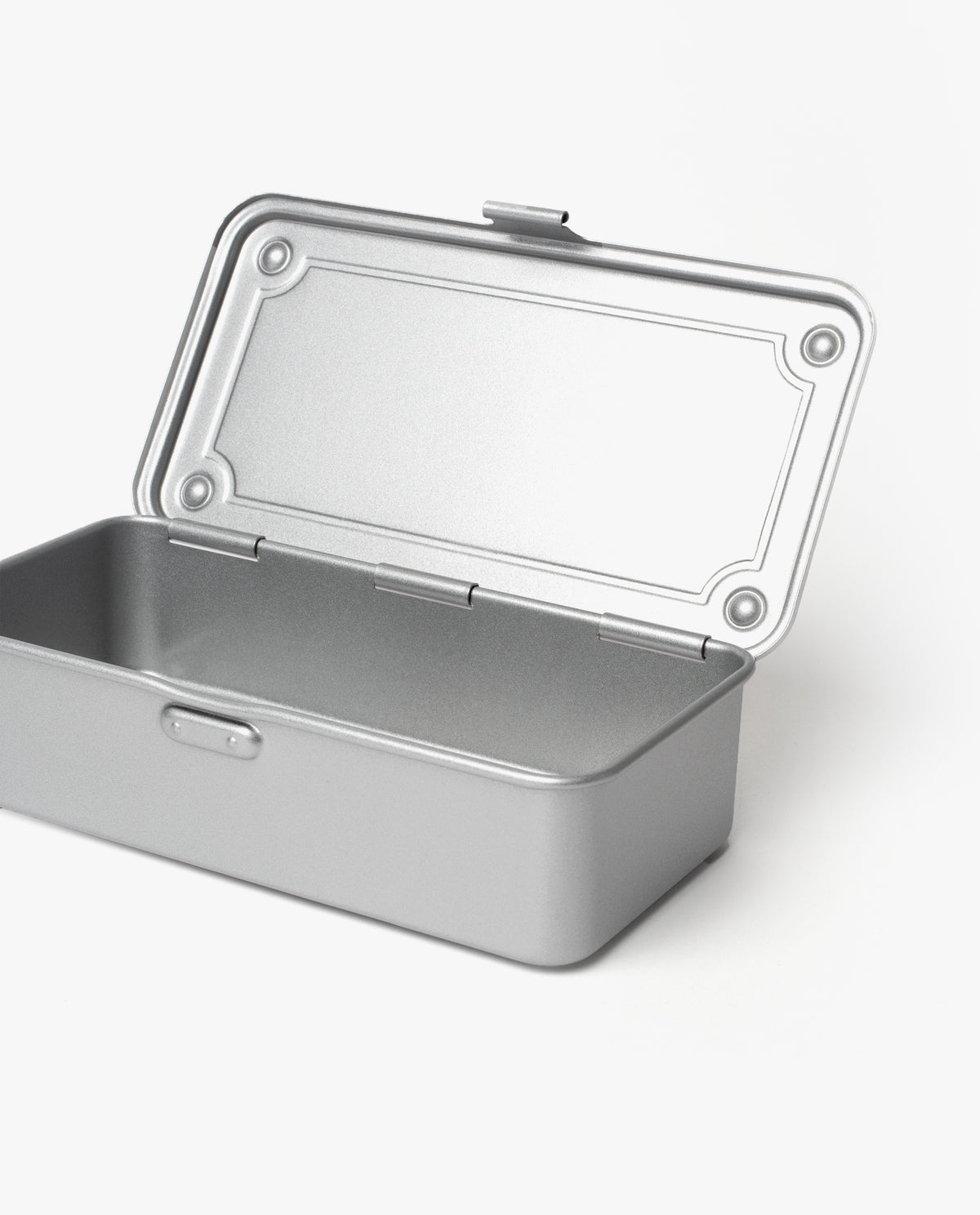 The Toyo Steel Stackable Storage Box T-190 (Silver) is a rectangular tin box with a hinged lid, revealing an empty interior. Made in Japan, this steel toolbox sits on a plain white background.