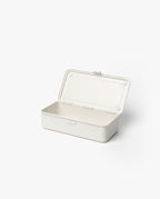 A rectangular white Toyo Steel Stackable Storage Box T-190 with a hinged lid, shown open and empty on a plain white background. Made in Japan, it exemplifies durability and quality craftsmanship.
