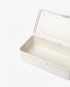 A white, rectangular Toyo Steel Stackable Storage Box T-190 with a hinged lid stands open against a plain white background. Made in Japan, this stackable metal storage box combines sleek design with durable functionality.