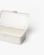 The Toyo Steel Stackable Storage Box T-190 (White), a rectangular metal box made in Japan with a hinged lid, is open to reveal its empty interior and is placed on a white surface against a plain white background.