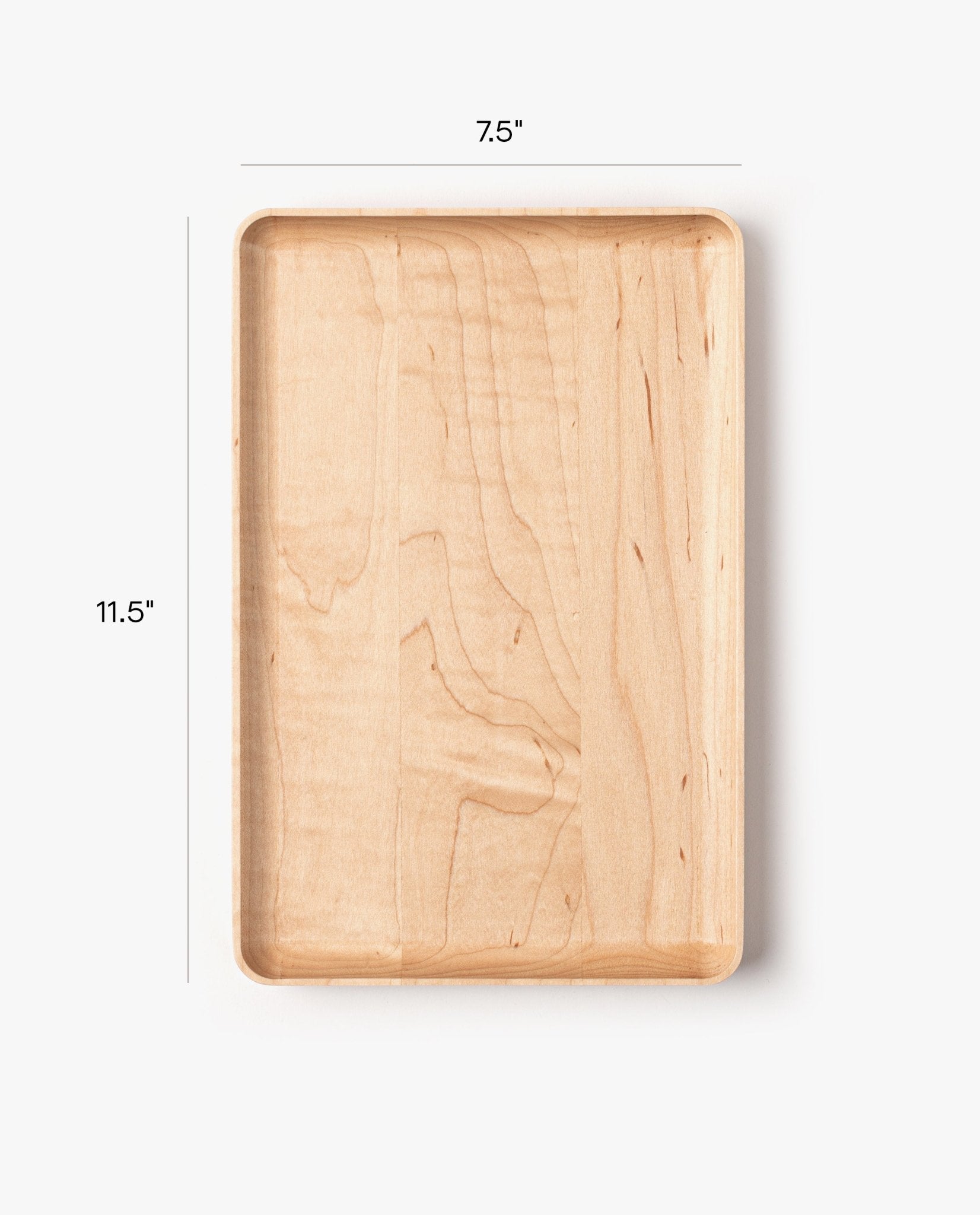 The Valet Tray (Maple - Large) is a handcrafted rectangular tray made from solid maple with visible grain. It measures 11.5 inches tall by 7.5 inches wide and is shown on a white background with labeled dimensions.